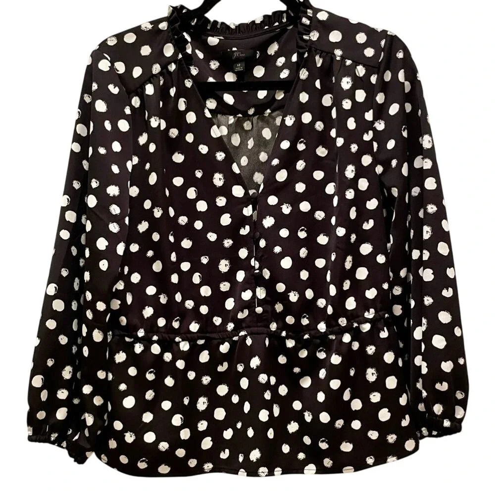 J. Crew Women's Black Peplum Blouse in Painted‎ Dot Satiny Top Size 12